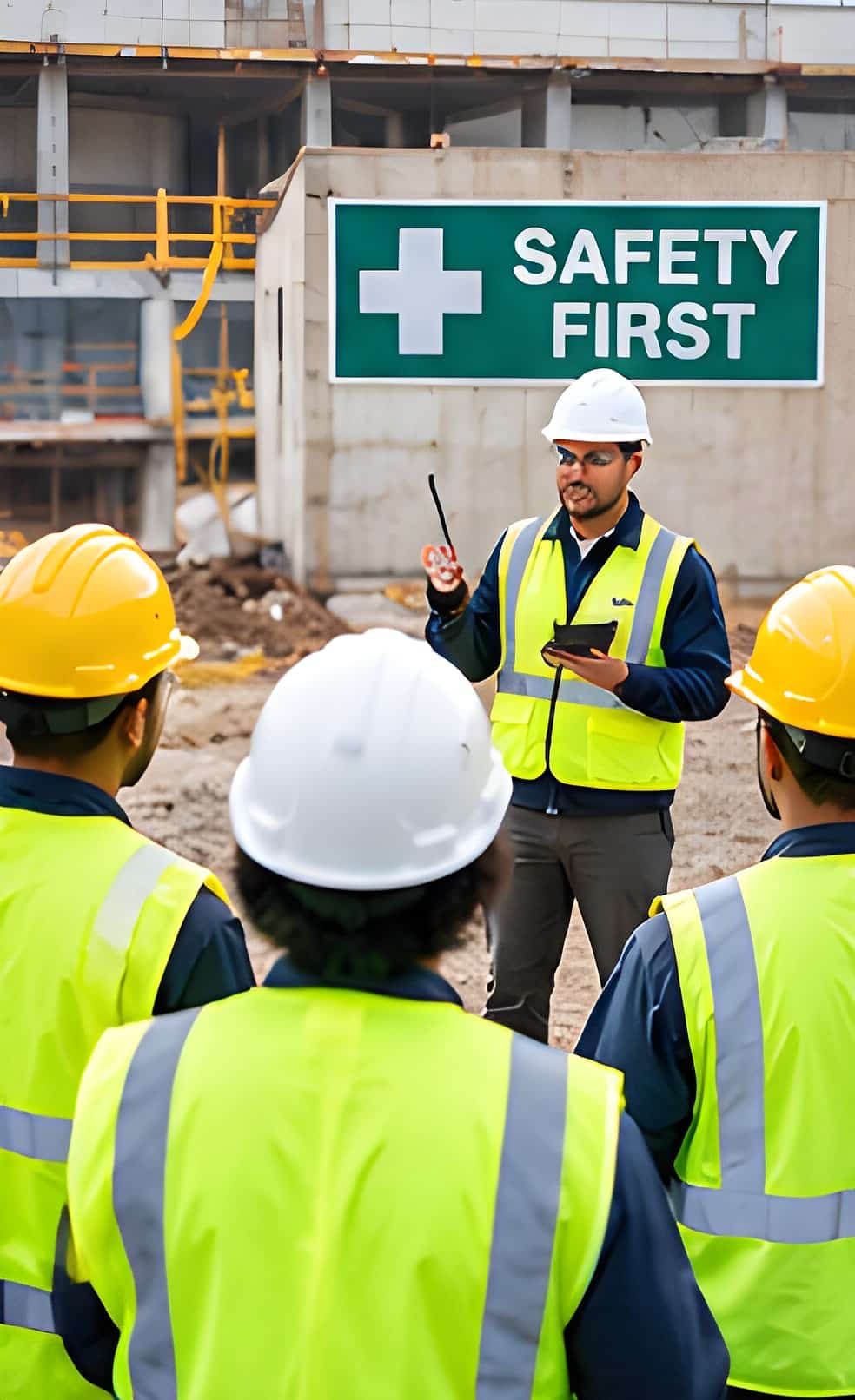 Site lead with a radio and tablet giving a safety briefing to a crew in hard hats and high-visibility vests