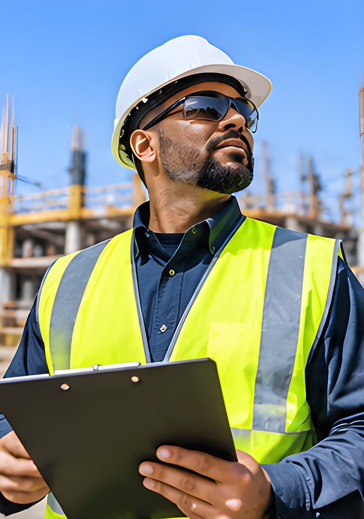 Safety observer in a white hard hat and high-visibility vest reviewing a clipboard on a construction site