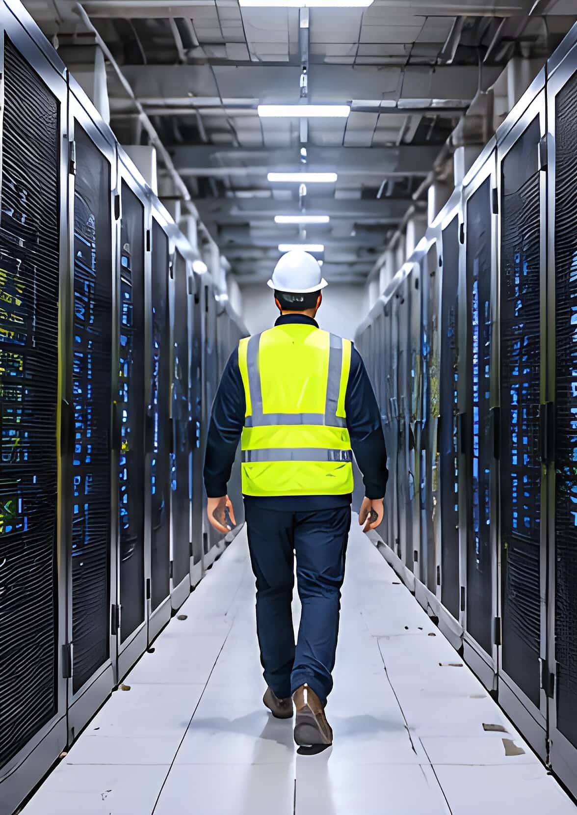 Safety observer in a white hard hat and high-visibility vest walking between rows of server cabinets in a data hall