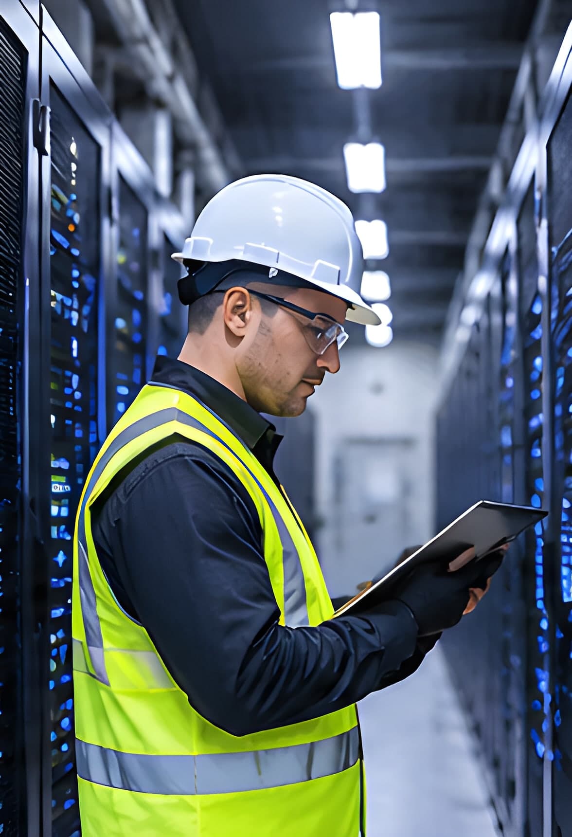 Safety observer in a white hard hat and safety glasses checking a tablet between lit server racks