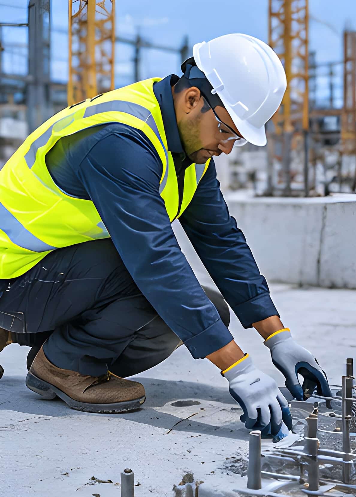 Safety inspector in a hard hat and work gloves kneeling to check rebar and anchor bolts on a concrete deck