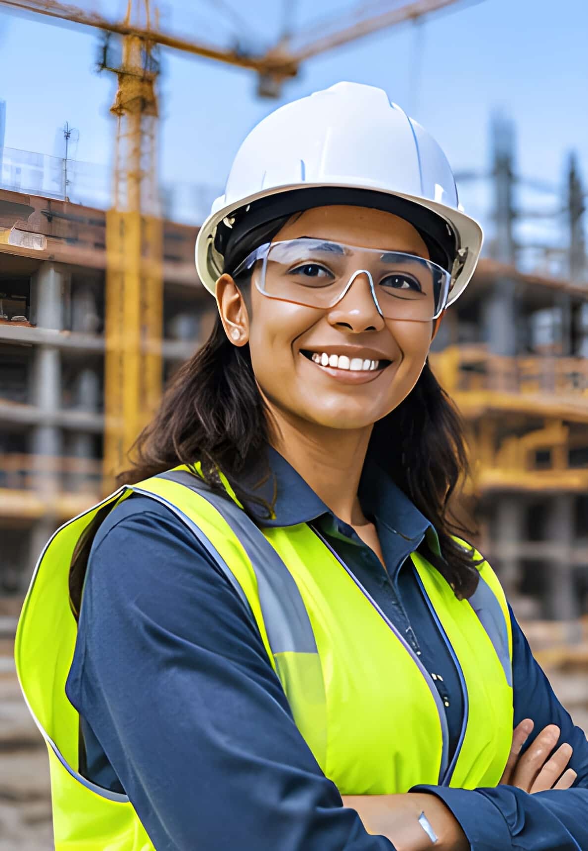 Smiling safety professional in a white hard hat, clear safety glasses and high-visibility vest on a construction site