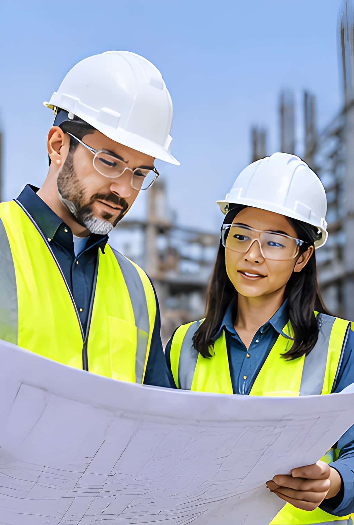 Two safety professionals in white hard hats and safety glasses reviewing a large drawing together on site