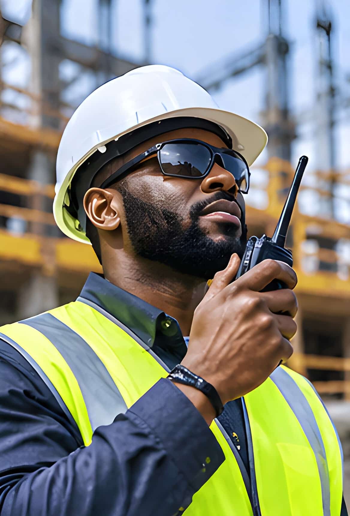 Safety observer in a white hard hat and sunglasses speaking into a two-way radio on a construction site