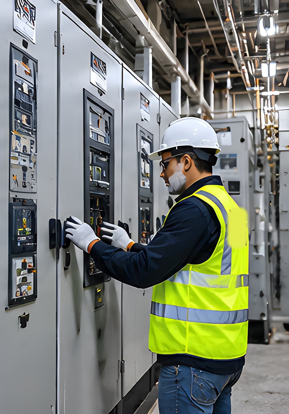 Worker in a white hard hat, gloves and high-visibility vest at a lineup of electrical switchgear panels