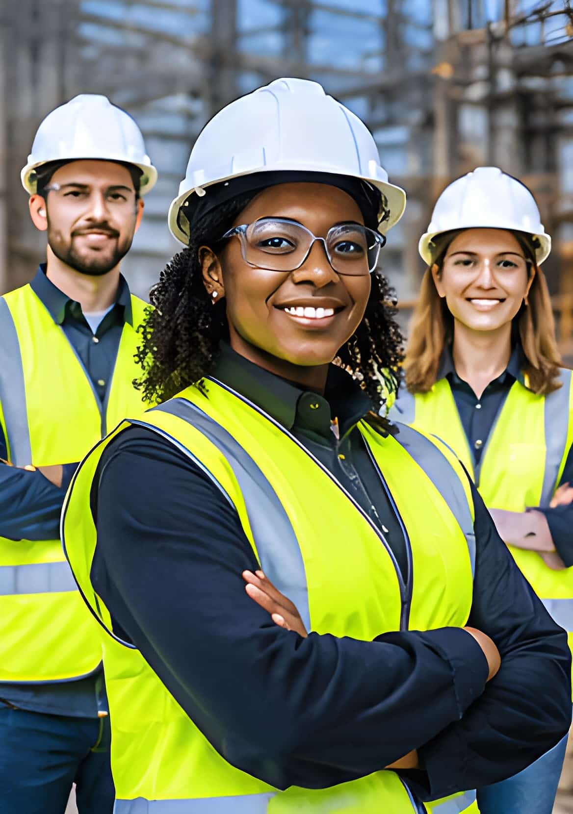 Three construction safety professionals in white hard hats and high-visibility vests standing together on a jobsite
