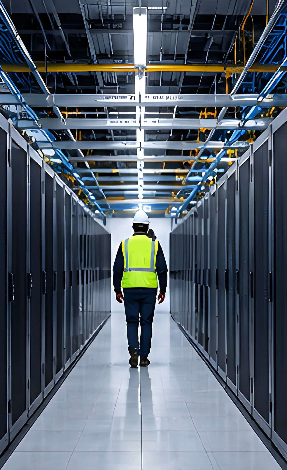 Safety observer in a white hard hat and high-visibility vest walking down a data center aisle between server cabinets