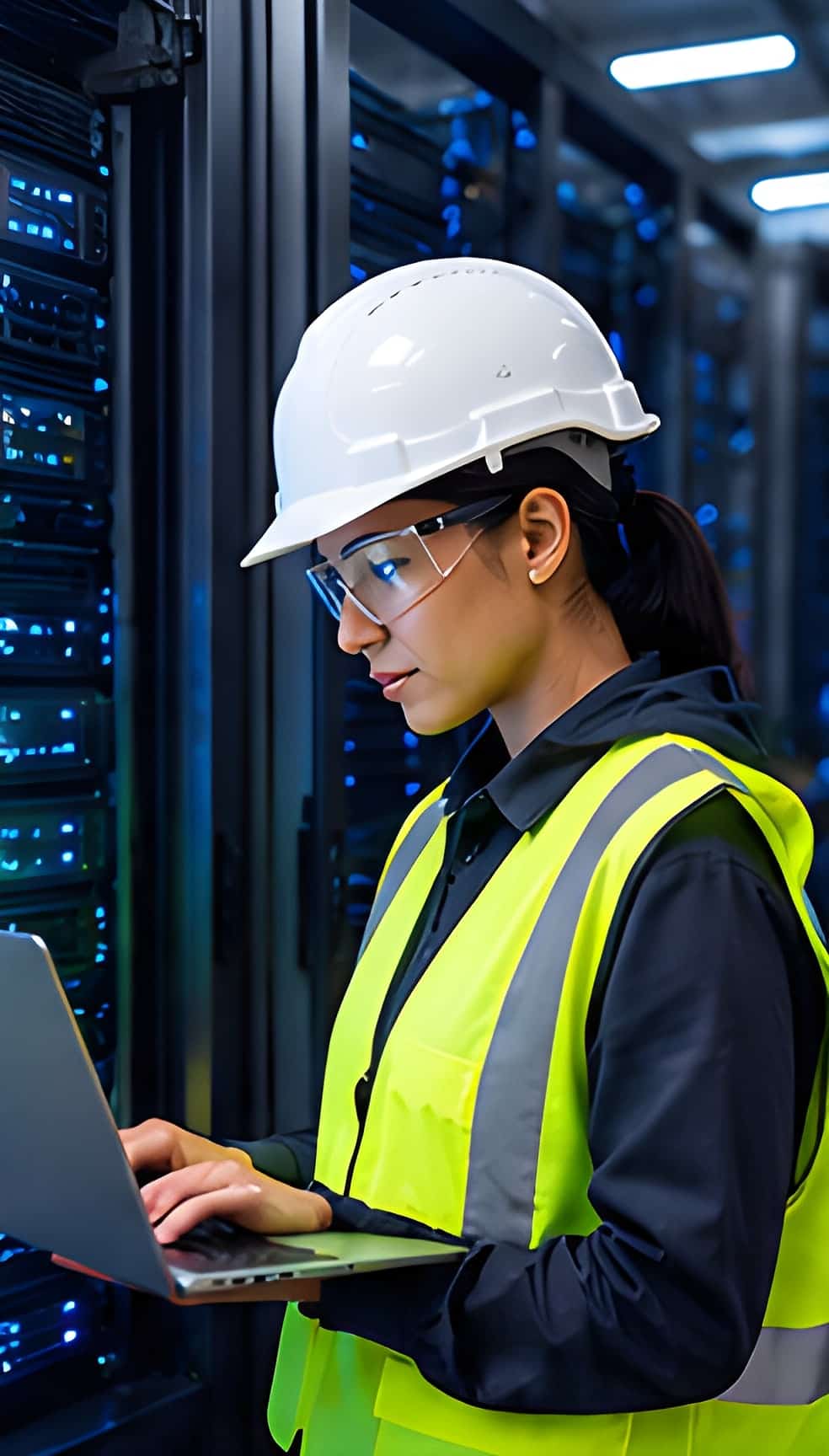 Technician in a white hard hat, safety glasses and high-visibility vest working on a laptop beside server racks