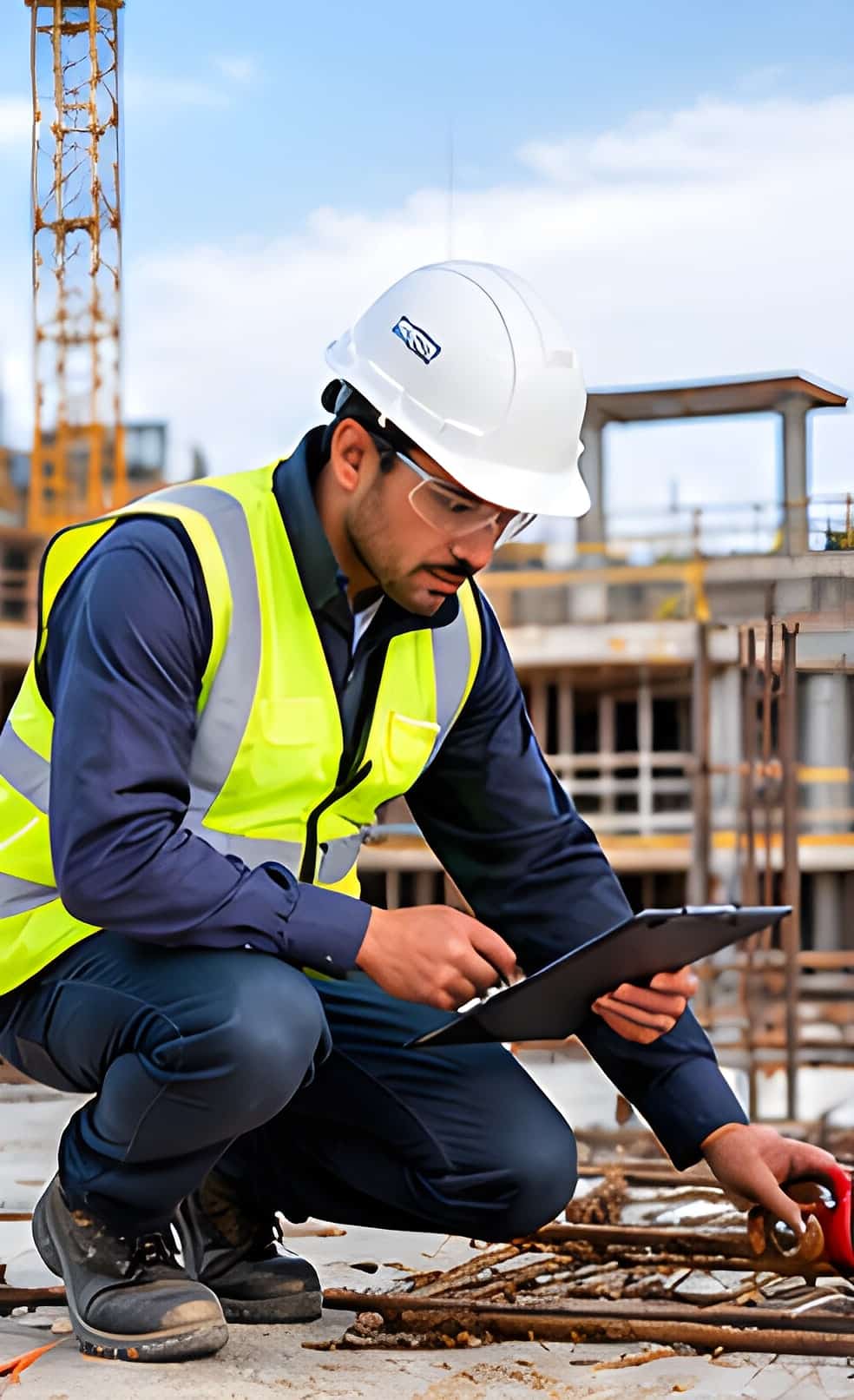 Safety observer in a hard hat and safety glasses kneeling on a construction site to record conditions on a tablet
