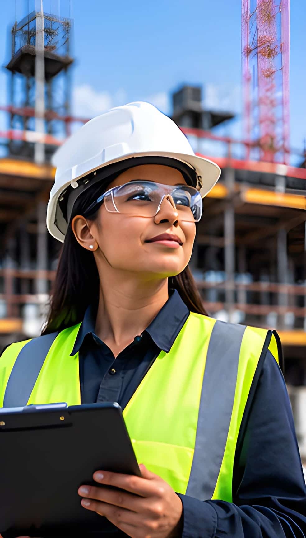 Safety observer in a white hard hat, safety glasses and high-visibility vest holding a clipboard on a construction site