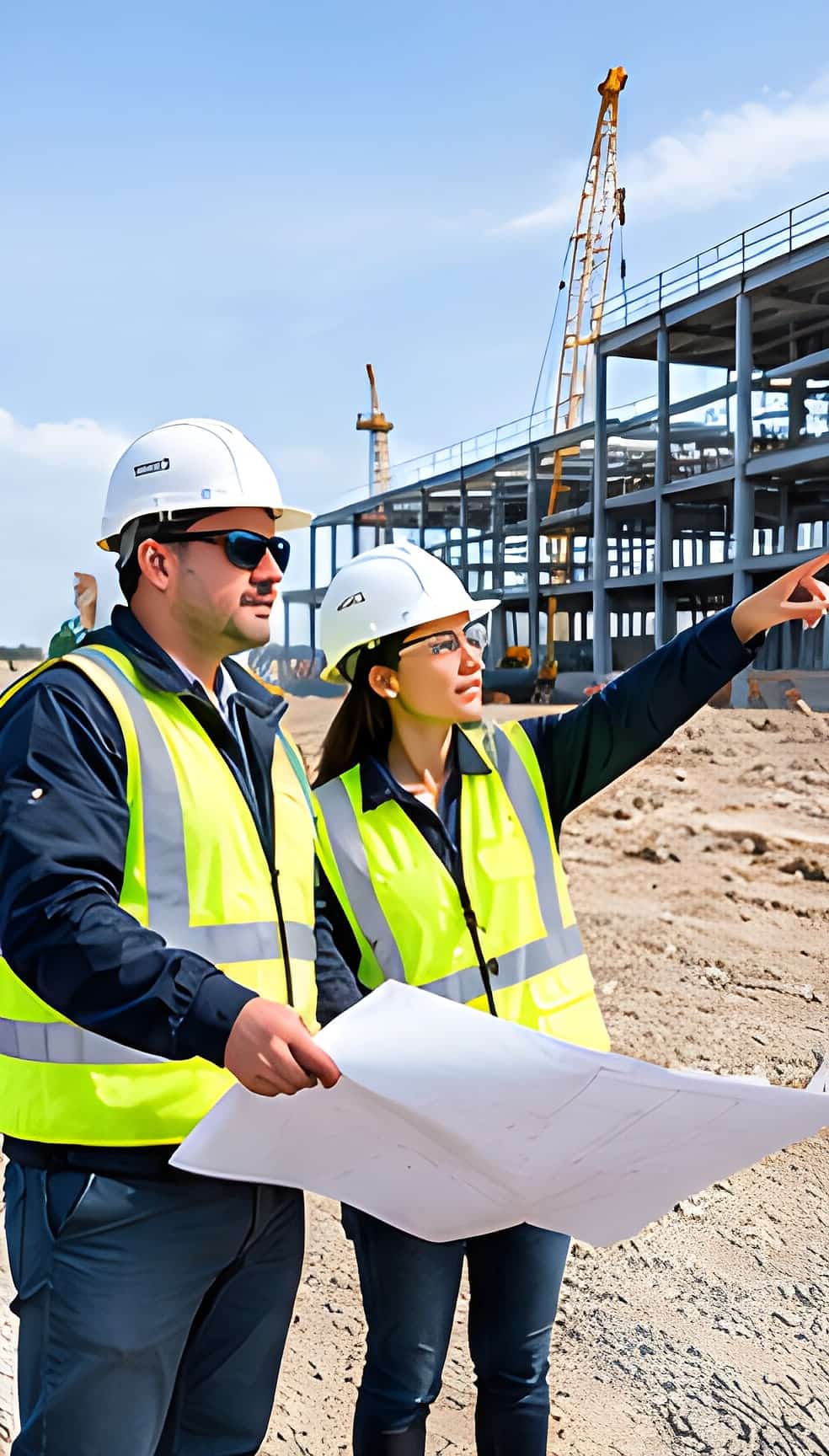 Two safety professionals in hard hats reviewing drawings on site, one pointing toward a steel structure under construction