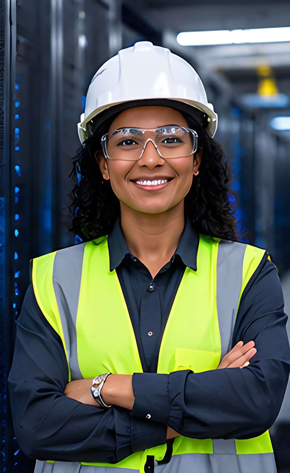 Smiling safety professional in a hard hat, safety glasses and high-visibility vest, arms crossed in a data center