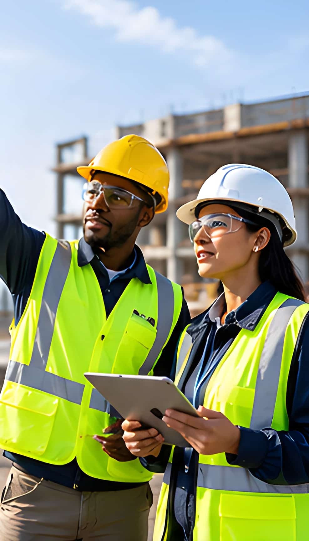 Two safety professionals in hard hats and high-visibility vests reviewing a tablet and pointing toward a building under construction
